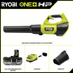 18V ONE+ HP Brushless WHISPER SERIES 510 CFM 130 MPH Battery Leaf Blower, 6.0 Ah Battery, Charger