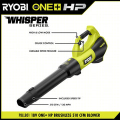 18V ONE+ HP Brushless WHISPER SERIES 510 CFM 130 MPH Battery Leaf Blower, 6.0 Ah Battery, Charger